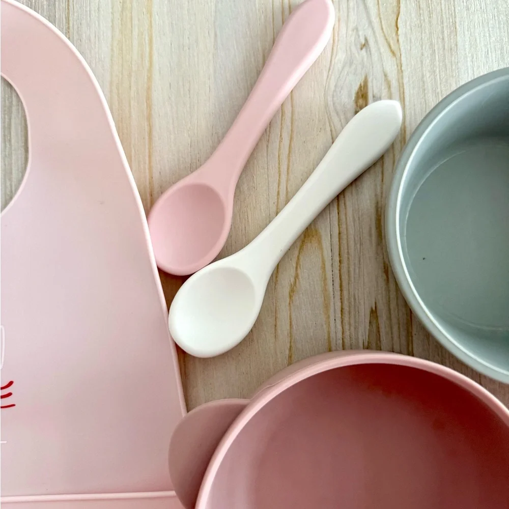 Silicone Baby Feeding Set with Pink Bib, Bowls & spoons - Picture 3 of 6